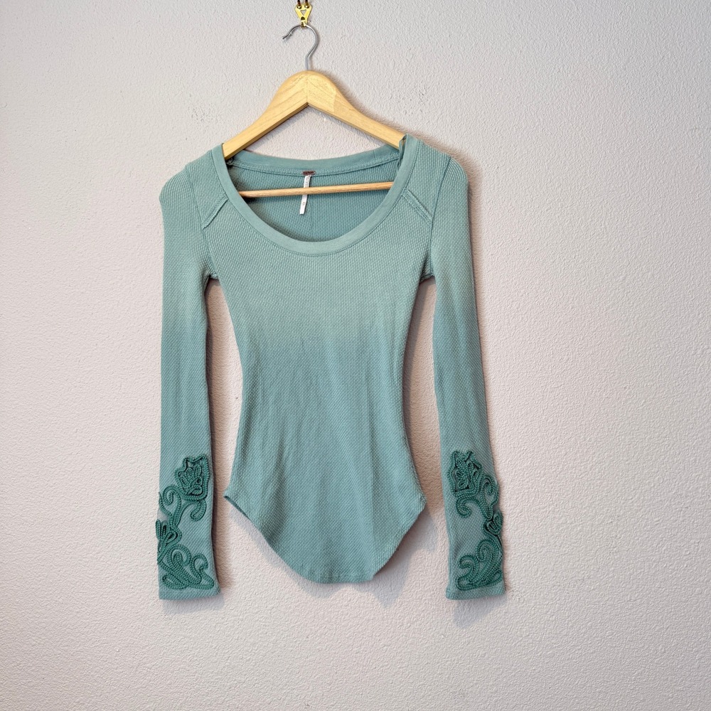 Free People Sage Green Waffle Knit Thermal Embroidered Cuff Top XS